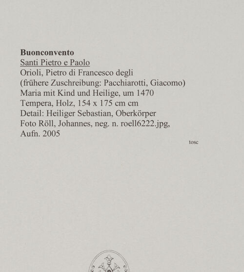 Rückseite von Röll, Johannes [https://rightsstatements.org/page/CNE/1.0/] Maria mit Kind und Heilige - Detail: Heiliger Sebastian, Kopf und Oberkörper, bh577804_recto. Foto: Röll, Johannes.