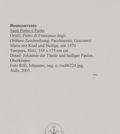 Rückseite von Röll, Johannes [https://rightsstatements.org/page/CNE/1.0/] Maria mit Kind und Heilige - Detail: Johannes der Täufer und heiliger Paulus, Oberkörper, bh577806_recto. Foto: Röll, Johannes.