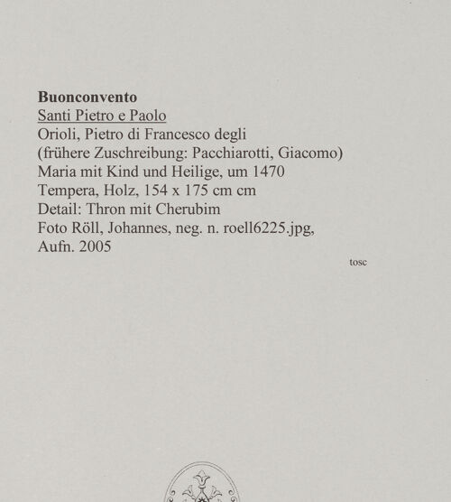 Rückseite von Röll, Johannes [https://rightsstatements.org/page/CNE/1.0/] Maria mit Kind und Heilige - Detail: unterer Gewandsaum der Maria und Thron mit Cherubim, bh577807_recto. Foto: Röll, Johannes.