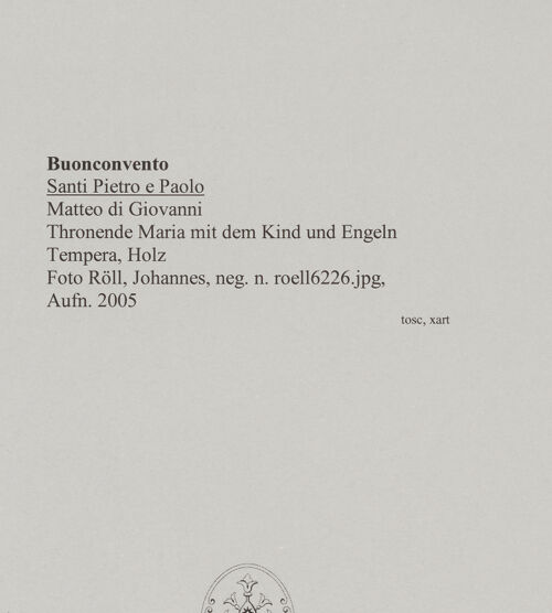 Rückseite von Röll, Johannes [https://rightsstatements.org/page/CNE/1.0/] Thronende Maria mit dem Kind und Engeln - Gesamtansicht, bh577808_recto. Foto: Röll, Johannes.