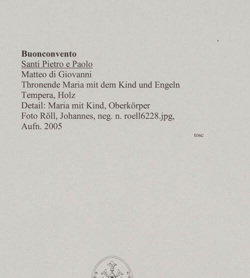 Rückseite von Röll, Johannes [https://rightsstatements.org/page/CNE/1.0/] Thronende Maria mit dem Kind und Engeln - Detail: Maria mit Kind, Oberkörper, bh577809_recto. Foto: Röll, Johannes.