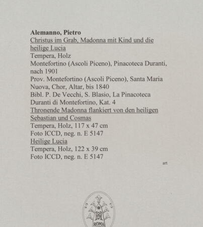 Rückseite von ICCD [https://www.deutsche-digitale-bibliothek.de/content/lizenzen/rv-fz/] Christus im Grab, Madonna mit Kind und die heilige LuciaThronende Madonna flankiert von den heiligen Sebastian und Cosmas - , bh579431_recto. Foto.