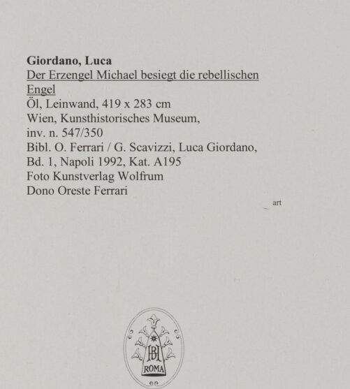 Rückseite von Kunstverlag Wolfrum [https://www.deutsche-digitale-bibliothek.de/content/lizenzen/rv-ez/] Der Erzengel Michael besiegt die rebellischen Engel - , bh579652_recto. Foto.