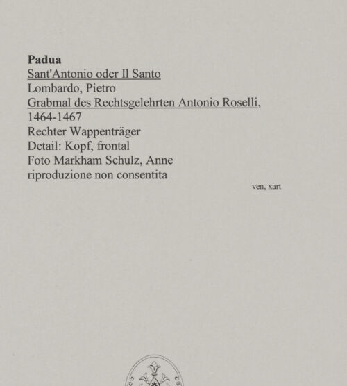 Rückseite von Markham Schulz, Anne [https://www.deutsche-digitale-bibliothek.de/content/lizenzen/rv-ez/] Grabmal des Rechtsgelehrten Antonio Roselli (gest. 1466)Rechter Wappenträger - Detail: Kopf (Frontalansicht), bh580033_recto. Foto: Schulz, Anne Markham.