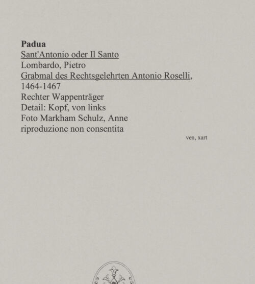 Rückseite von Markham Schulz, Anne [https://www.deutsche-digitale-bibliothek.de/content/lizenzen/rv-ez/] Grabmal des Rechtsgelehrten Antonio Roselli (gest. 1466)Rechter Wappenträger - Detail: Kopf (Profil von links), bh580034_recto. Foto: Schulz, Anne Markham.