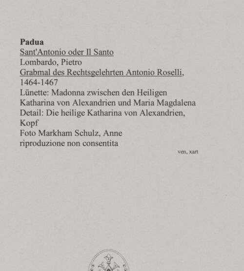 Rückseite von Markham Schulz, Anne [https://www.deutsche-digitale-bibliothek.de/content/lizenzen/rv-ez/] Grabmal des Rechtsgelehrten Antonio Roselli (gest. 1466)TotenkammerMadonna zwischen den Heiligen Katharina und Maria Magdalena - Heilige Katharina, Kopf, bh580053_recto. Foto.