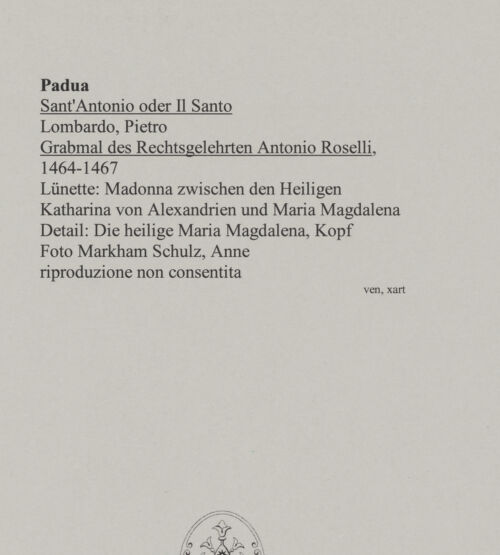 Rückseite von Markham Schulz, Anne [https://www.deutsche-digitale-bibliothek.de/content/lizenzen/rv-ez/] Grabmal des Rechtsgelehrten Antonio Roselli (gest. 1466)TotenkammerMadonna zwischen den Heiligen Katharina und Maria Magdalena - Heilige Maria Magdalena, Kopf, bh580055_recto. Foto: Schulz, Anne Markham.