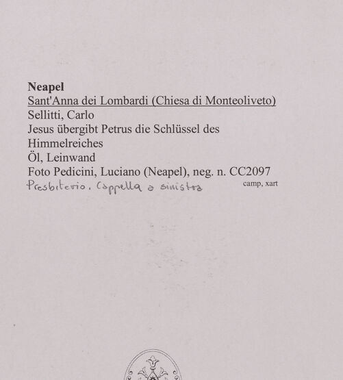 Rückseite von Pedicini, Luciano [https://www.deutsche-digitale-bibliothek.de/content/lizenzen/rv-ez/] Jesus übergibt Petrus die Schlüssel des Himmelreiches - Gesamtansicht, bh580529_recto. Foto: Pedicini, Luciano.