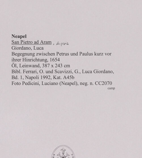 Rückseite von Pedicini, Luciano [https://www.deutsche-digitale-bibliothek.de/content/lizenzen/rv-ez/] Begegnung zwischen Petrus und Paulus kurz vor ihrer Hinrichtung - Gesamtansicht, bh580580_recto. Foto: Pedicini, Luciano.