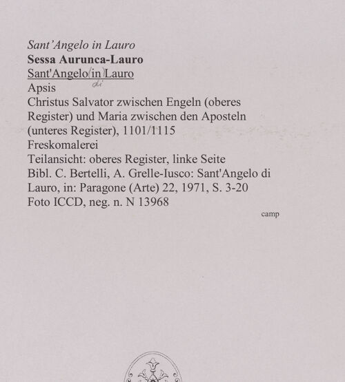 Rückseite von ICCD [https://www.deutsche-digitale-bibliothek.de/content/lizenzen/rv-ez/] Die Himmelfahrt Christi und Maiestas Domini - Teilansicht: oberes Register, linke Seite, Engel und thronender Christus (vor der Ablösung), bh580664_recto. Foto.