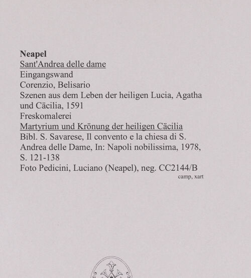 Rückseite von Pedicini, Luciano [https://www.deutsche-digitale-bibliothek.de/content/lizenzen/rv-ez/] Szenen aus dem Leben der heiligen Lucia, Agatha und CäciliaMartyrium und Krönung der heiligen Cäcilia - Gesamtansicht, bh581409_recto. Foto: Pedicini, Luciano.