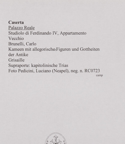 Rückseite von Pedicini, Luciano [https://www.deutsche-digitale-bibliothek.de/content/lizenzen/rv-ez/] Kameen mit allegorischen Figuren und antiken GottheitenJupiter, Juno und Minerva - Supraporte: kapitolinische Trias, bh582202_recto. Foto: Pedicini, Luciano.
