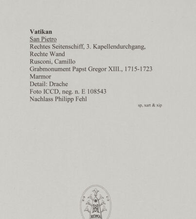 Rückseite von ICCD [https://www.deutsche-digitale-bibliothek.de/content/lizenzen/rv-ez/] Grabmonument Papst Gregor XIII.Drache (unter dem Sarkophag) - Ansicht frontal, bh583136_recto. Foto.