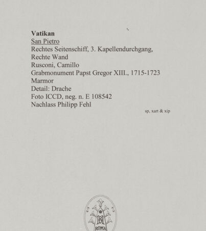 Rückseite von ICCD [https://www.deutsche-digitale-bibliothek.de/content/lizenzen/rv-ez/] Grabmonument Papst Gregor XIII.Drache (unter dem Sarkophag) - Ansicht von rechts, bh583137_recto. Foto.