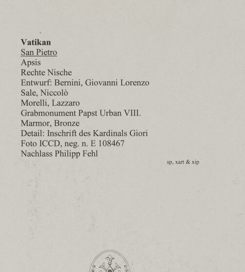 Rückseite von ICCD [https://www.deutsche-digitale-bibliothek.de/content/lizenzen/rv-ez/] Grabmal von Papst Urban VIII. - Detail: Inschrift des Kardinals Giori, bh583276_recto. Foto.