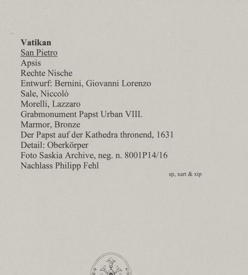 Rückseite von Bibliotheca Hertziana [https://www.deutsche-digitale-bibliothek.de/content/lizenzen/rv-fz/] Grabmal von Papst Urban VIII.Der Papst auf der Kathedra thronend - Detail: Oberkörper, bh583277_recto. Foto: Wiedenhoeft, Ron.