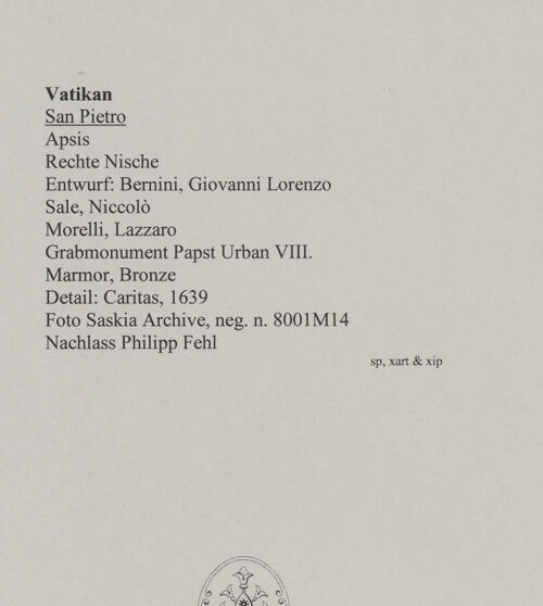 Rückseite von Bibliotheca Hertziana [https://www.deutsche-digitale-bibliothek.de/content/lizenzen/rv-fz/] Grabmal von Papst Urban VIII.Caritas - Detail: Caritas, Oberkörper, bh583278_recto. Foto: Wiedenhoeft, Ron.