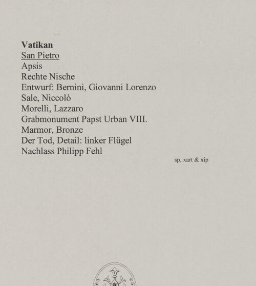 Rückseite von Bibliotheca Hertziana [https://www.deutsche-digitale-bibliothek.de/content/lizenzen/rv-fz/] Grabmal von Papst Urban VIII.Der Tod schreibt den Namen des Papstes auf ein Pergament - Detail: linker Flügel, bh583279_recto. Foto: Wiedenhoeft, Ron.