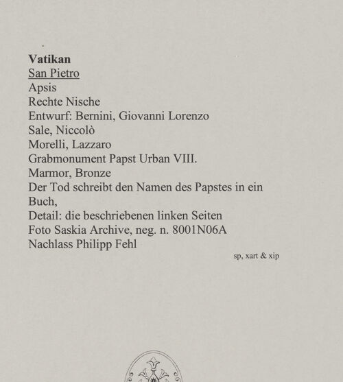 Rückseite von Bibliotheca Hertziana [https://www.deutsche-digitale-bibliothek.de/content/lizenzen/rv-ez/] Grabmal von Papst Urban VIII.Der Tod schreibt den Namen des Papstes auf ein Pergament - Buch, Detail: die beschriebenen Seiten der linken Seite, bh583281_recto. Foto: Wiedenhoeft, Ron.