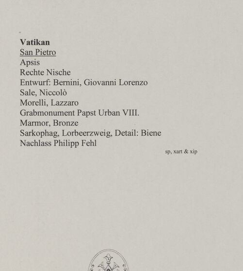 Rückseite von Bibliotheca Hertziana [https://www.deutsche-digitale-bibliothek.de/content/lizenzen/rv-fz/] Grabmal von Papst Urban VIII.Sarkophag - Lorbeerzweig, Detail: Biene, bh583282_recto. Foto: Wiedenhoeft, Ron.