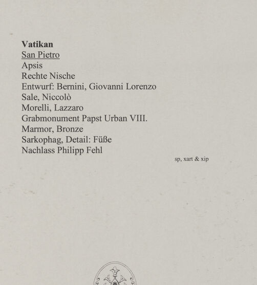 Rückseite von Bibliotheca Hertziana [https://www.deutsche-digitale-bibliothek.de/content/lizenzen/rv-fz/] Grabmal von Papst Urban VIII.Sarkophag - Sarkophag, Detail: Untersatz mit Löwenpranken, bh583283_recto. Foto: Wiedenhoeft, Ron.