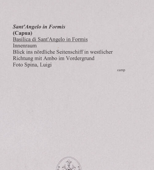 Rückseite von Spina, Luigi [https://www.deutsche-digitale-bibliothek.de/content/lizenzen/rv-ez/] Sant'Angelo in Formis - Blick vom Mittelschiff ins nördliche Seitenschiff in westlicher Richtung mit Ambo im Vordergrund, bh583344_recto. Foto: Spina, Luigi.