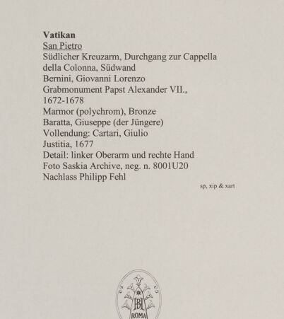 Rückseite von Bibliotheca Hertziana [https://www.deutsche-digitale-bibliothek.de/content/lizenzen/rv-fz/] Grabmal von Papst Alexander VII. ChigiJustitia - Detail: linker Oberarm und rechte Hand, bh583691_recto. Foto: Wiedenhoeft, Ron.