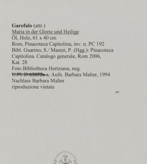 Rückseite von Bibliotheca Hertziana [https://www.deutsche-digitale-bibliothek.de/content/lizenzen/rv-ez/] Maria in der Glorie und Heilige - Ansicht ohne Rahmen, bh583732_recto. Foto: Malter, Barbara.