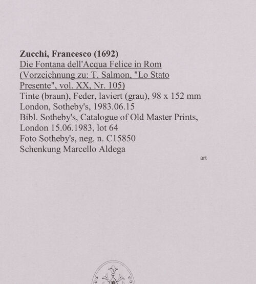 Rückseite von Sotheby's [https://www.deutsche-digitale-bibliothek.de/content/lizenzen/rv-fz/] Die Fontana dell'Acqua Felice in Rom - , bh586965_recto. Foto.