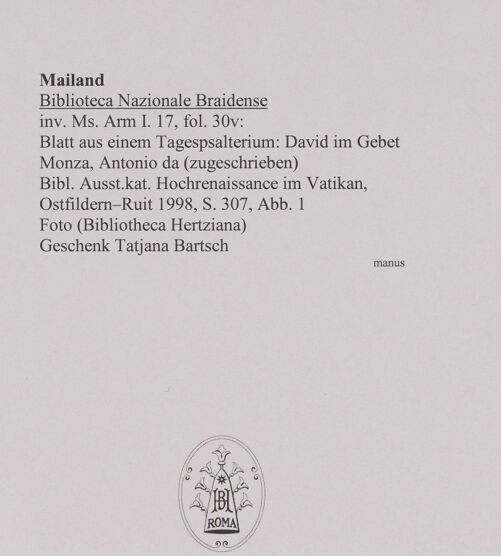 Rückseite von unbekannt [https://www.deutsche-digitale-bibliothek.de/content/lizenzen/rv-ez/] David im Gebet - , bh587533_recto. Foto.