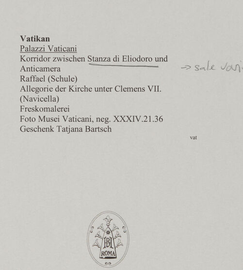 Rückseite von Musei Vaticani [https://www.deutsche-digitale-bibliothek.de/content/lizenzen/rv-ez/] Allegorie der Kirche unter Clemens VII. (Navicella) - , bh587537_recto. Foto.