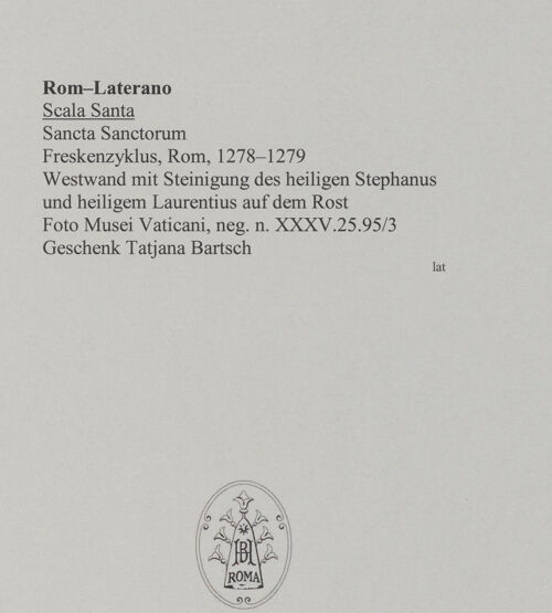 Rückseite von Musei Vaticani [https://www.deutsche-digitale-bibliothek.de/content/lizenzen/rv-ez/] Freskenzyklus - Westwand mit Steinigung des heiligen Stephanus und heiligem Laurentius auf dem Rost, bh587545_recto. Foto.