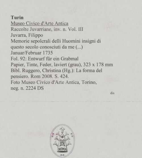 Rückseite von Museo Civico d'Arte Antica, Torino [https://www.deutsche-digitale-bibliothek.de/content/lizenzen/rv-ez/] Memorie sepolcrali delli Huomini insigni di questo secolo conosciuti da me (...)Entwurf für ein Grabmal - , bh588067_recto. Foto.