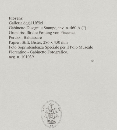 Rückseite von Soprintendenza Speciale per il Polo Museale Fiorentino - Gabinetto Fotografico [http://creativecommons.org/publicdomain/mark/1.0/] Grundriss für die Festung von Piacenza - , bh588247_recto. Foto.