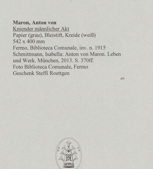 Rückseite von Biblioteca Comunale, Fermo [https://www.deutsche-digitale-bibliothek.de/content/lizenzen/rv-ez/] Kniender männlicher Akt - , bh588580_recto. Foto.