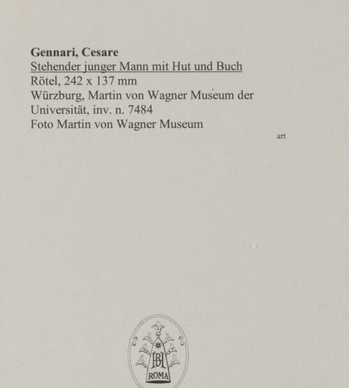 Rückseite von Martin von Wagner Museum [https://www.deutsche-digitale-bibliothek.de/content/lizenzen/rv-ez/] Stehender junger Mann mit Hut und Buch - , bh588754_recto. Foto.