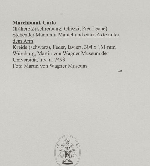 Rückseite von Martin von Wagner Museum [https://www.deutsche-digitale-bibliothek.de/content/lizenzen/rv-ez/] Stehender Mann mit Mantel und einer Akte unter dem Arm - , bh588792_recto. Foto.