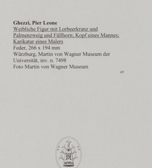 Rückseite von Martin von Wagner Museum [https://rightsstatements.org/page/CNE/1.0/] Weibliche Figur mit Lorbeerkranz und Palmenzweig und Füllhorn; Kopf eines Mannes; Karikatur eines Malers - , bh588805_recto. Foto.