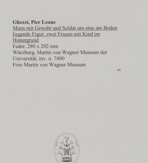 Rückseite von Martin von Wagner Museum [https://www.deutsche-digitale-bibliothek.de/content/lizenzen/rv-ez/] Mann mit Gewehr und Soldat um eine am Boden liegende Figur; zwei Frauen mit Kind im Hintergrund - , bh588807_recto. Foto.