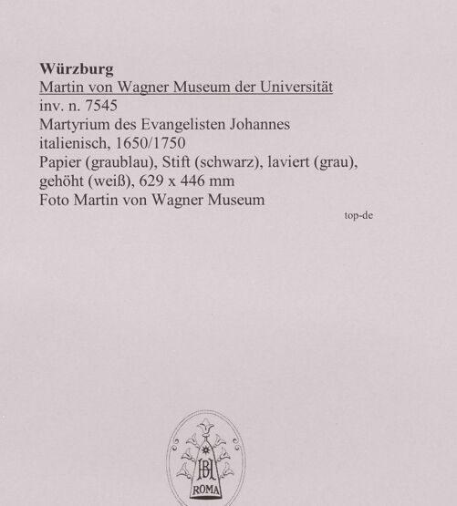 Rückseite von Martin von Wagner Museum [https://www.deutsche-digitale-bibliothek.de/content/lizenzen/rv-ez/] Martyrium des Evangelisten Johannes - , bh588842_recto. Foto.
