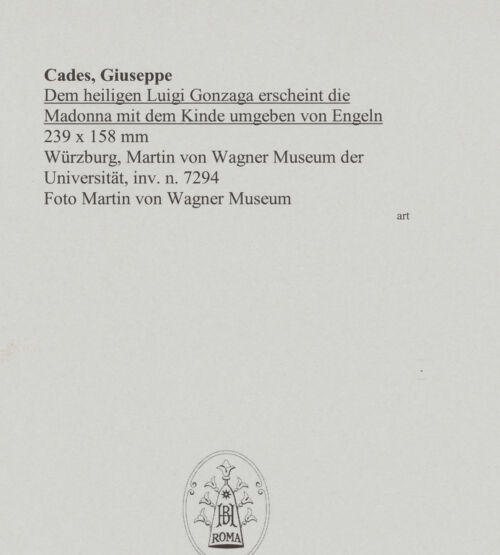 Rückseite von Martin von Wagner Museum [https://www.deutsche-digitale-bibliothek.de/content/lizenzen/rv-ez/] Dem heiligen Luigi Gonzaga erscheint die Madonna mit dem Kinde umgeben von Engeln - , bh588887_recto. Foto.