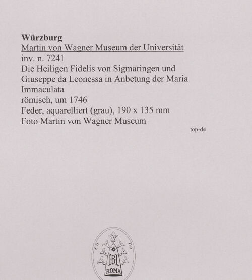 Rückseite von Martin von Wagner Museum [https://www.deutsche-digitale-bibliothek.de/content/lizenzen/rv-ez/] Die Heiligen Fidelis von Sigmaringen und Giuseppe da Leonessa in Anbetung der Maria Immaculata - , bh588903_recto. Foto.