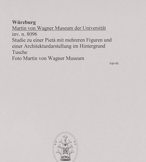 Rückseite von Martin von Wagner Museum [https://www.deutsche-digitale-bibliothek.de/content/lizenzen/rv-ez/] Studie zu einer Pietà mit mehreren Figuren und einer Architekturdarstellung im Hintergrund - , bh588971_recto. Foto.