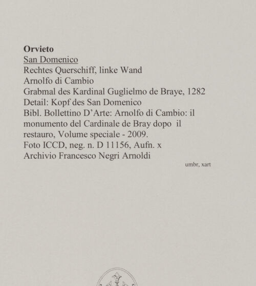 Rückseite von ICCD [https://www.deutsche-digitale-bibliothek.de/content/lizenzen/rv-ez/] Grabmal des Kardinal Guglielmo de Braye - Detail: Kopf des San Domenico, bh589028_recto. Foto.