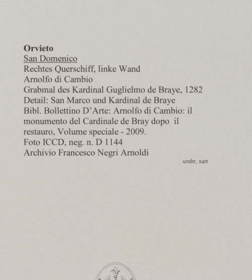 Rückseite von ICCD [https://www.deutsche-digitale-bibliothek.de/content/lizenzen/rv-ez/] Grabmal des Kardinal Guglielmo de Braye - Detail: San Marco und Kardinal de Bray, bh589029_recto. Foto.