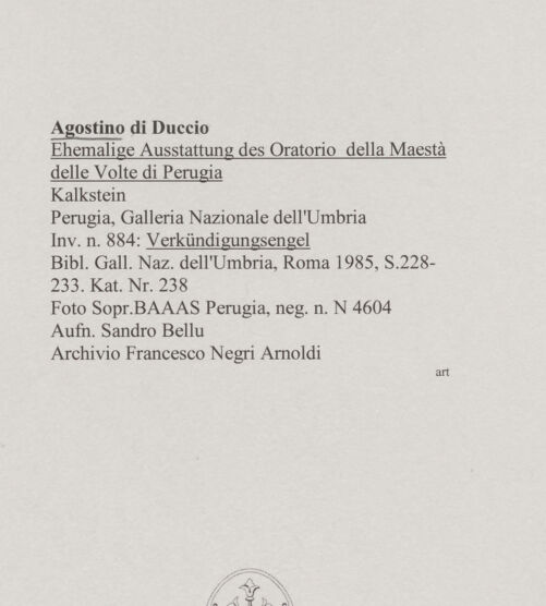 Rückseite von Soprintendenza per i Beni Ambientali Architettonici Artistici e Storici Perugia [https://www.deutsche-digitale-bibliothek.de/content/lizenzen/rv-ez/] Ehemalige Ausstattung des Oratorio della Maestà delle Volte di PerugiaVerkündigungsengel - , bh589072_recto. Foto: Bellu, Sandro.