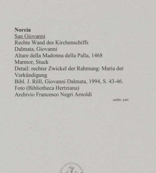 Rückseite von unbekannt [https://www.deutsche-digitale-bibliothek.de/content/lizenzen/rv-fz/] Altare della Madonna della Palla - Detail: rechter Zwickel der Rahmung:  Maria der Verkündigung, bh589155_recto. Foto.