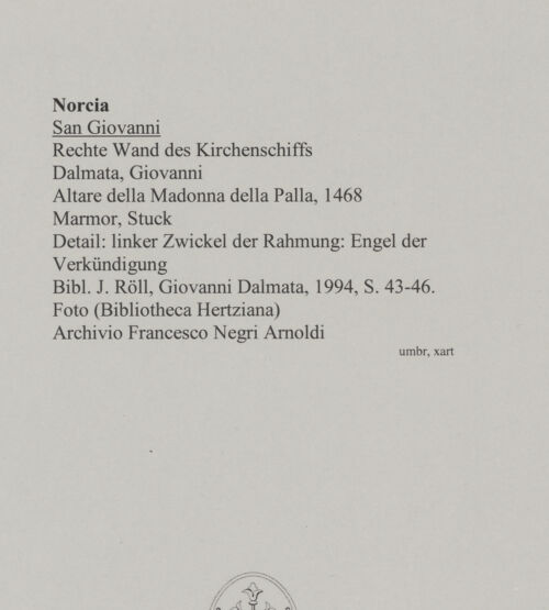 Rückseite von unbekannt [https://www.deutsche-digitale-bibliothek.de/content/lizenzen/rv-fz/] Altare della Madonna della Palla - Detail: linker Zwickel der Rahmung: Engel der Verkündigung, bh589156_recto. Foto.