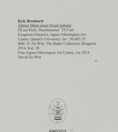 Rückseite von Agnes Etherington Art Centre, Queen's University [https://www.deutsche-digitale-bibliothek.de/content/lizenzen/rv-ez/] Älterer Mann einen Stock haltend - Gesamtansicht, bh589303_recto. Foto: unbekannt.