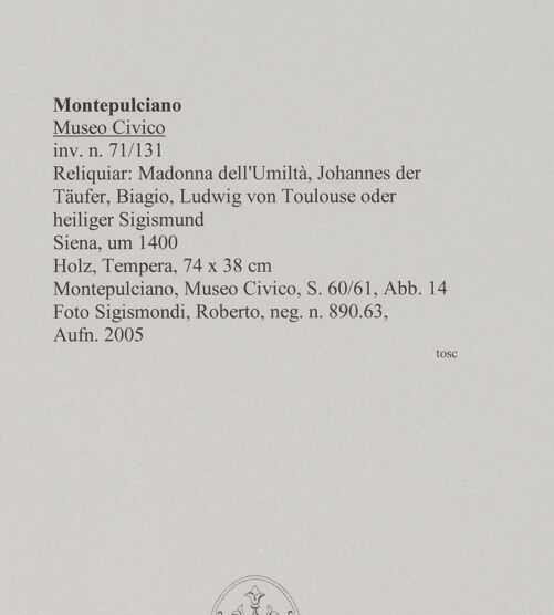 Rückseite von Sigismondi, Roberto [https://rightsstatements.org/page/CNE/1.0/] Reliquiar: Madonna dell'Umiltà, Johannes der Täufer, Biagio, Ludwig von Toulouse oder heiliger Sigismund - Gesamtansicht, bh589601_recto. Foto: Sigismondi, Roberto.